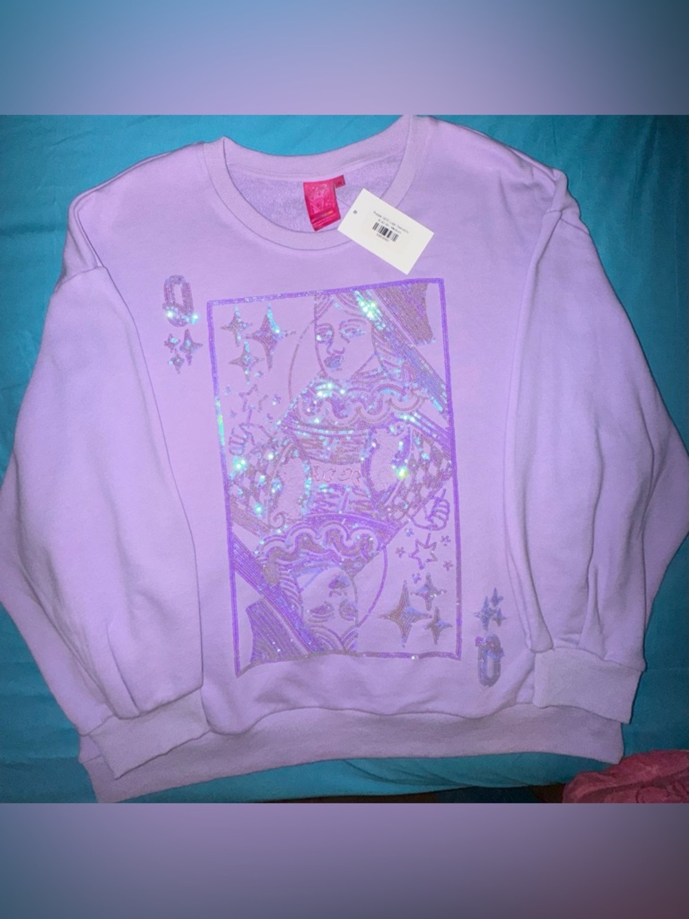 QUEEN OF SPARKLES- Medium- Lilac Sequin - Queen Tonal Card Sweatshirt NWT